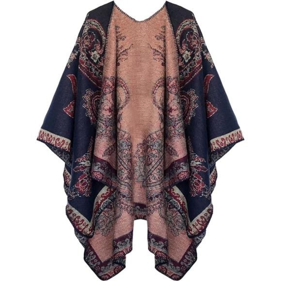 Women's Color Block Shawl Wrap Open Front Poncho Cape - Picture 7 of 7